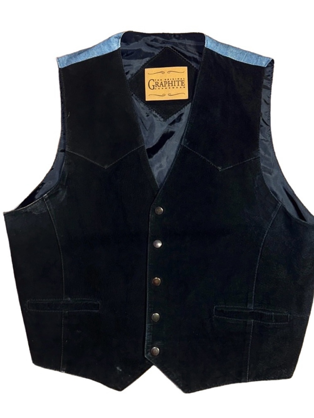 Graphite ~ Men’s Large ~ Vintage ~ Black Suede Leather W/ Denim Blue ~ Vest